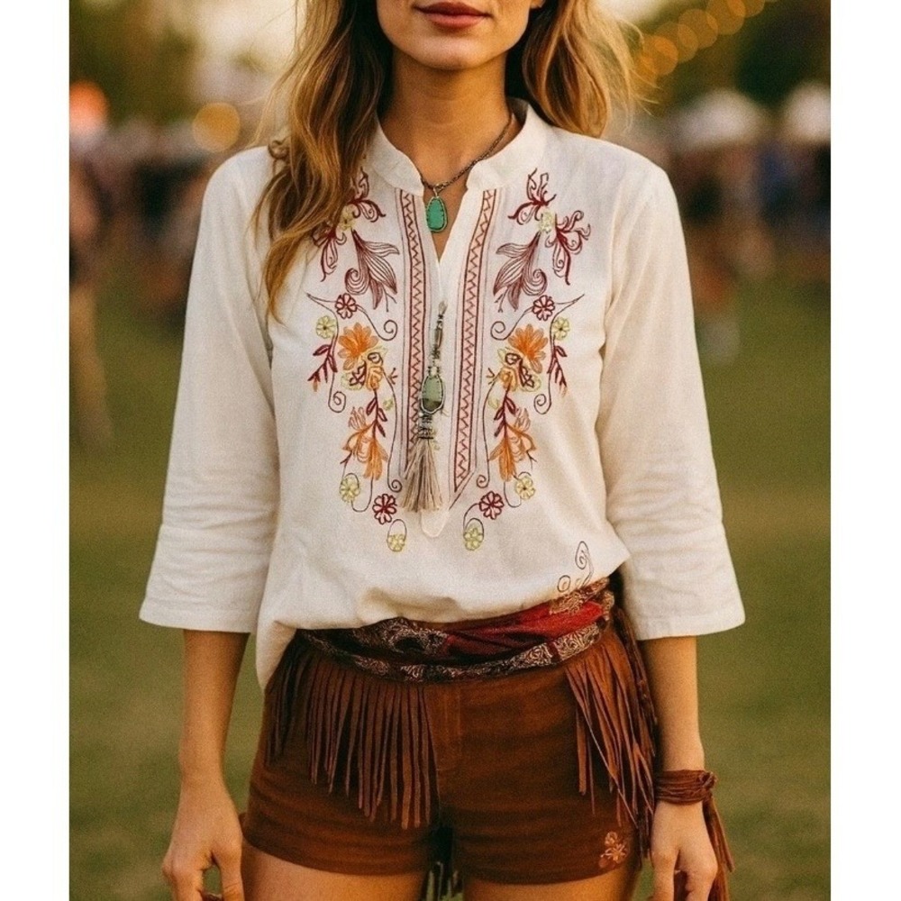 Davi & Dani Embroidered White Blouse Top Tunic